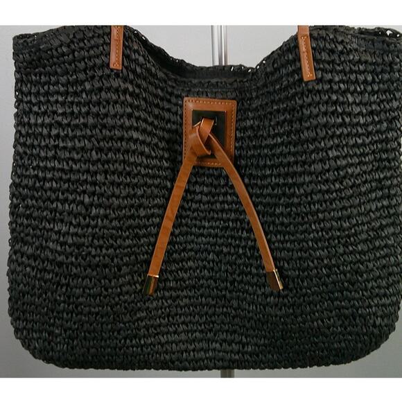 Studio Collection Raffia Black Straw Tote Bag with Brown Handles - Picture 2 of 5